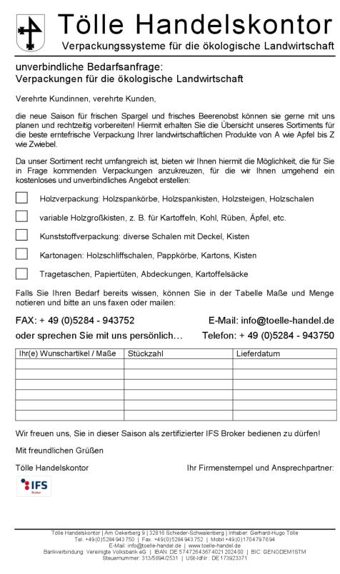 Tölle Handelskontor - unverbindliche Bedarfsanfrage 2018