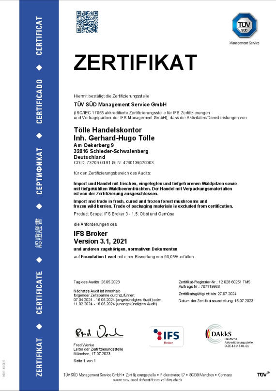 Tölle Handelskontor IFS Broker Zertifikat Tölle Handelskontor IFS Broker Zertifikat